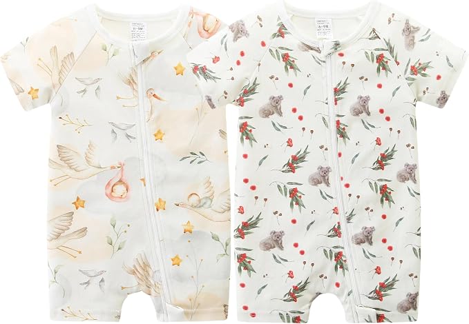 Unisex Summer Trendy 2-Pack Rompers Short Sleeve Zipped Bodysuit Infant Cotton by JingleBaBa