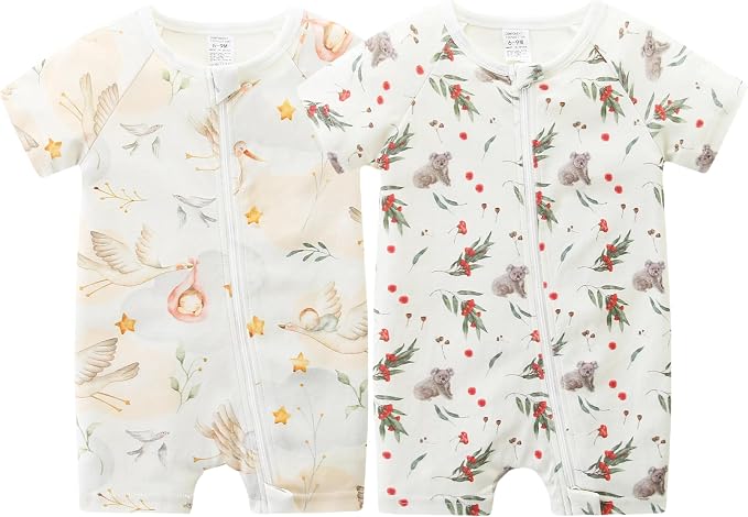 Unisex Summer Trendy 2-Pack Rompers Short Sleeve Zipped Bodysuit Infant Cotton by JingleBaBa