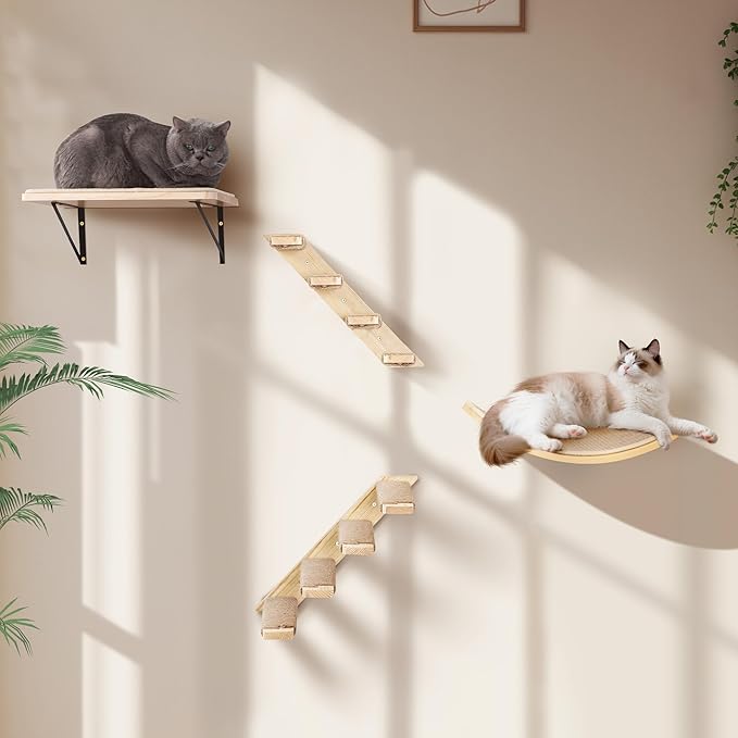 Wall Mounted Cat Shelves Stairs Set, 4 Piece Wood Cats Wall Furniture - Image 3