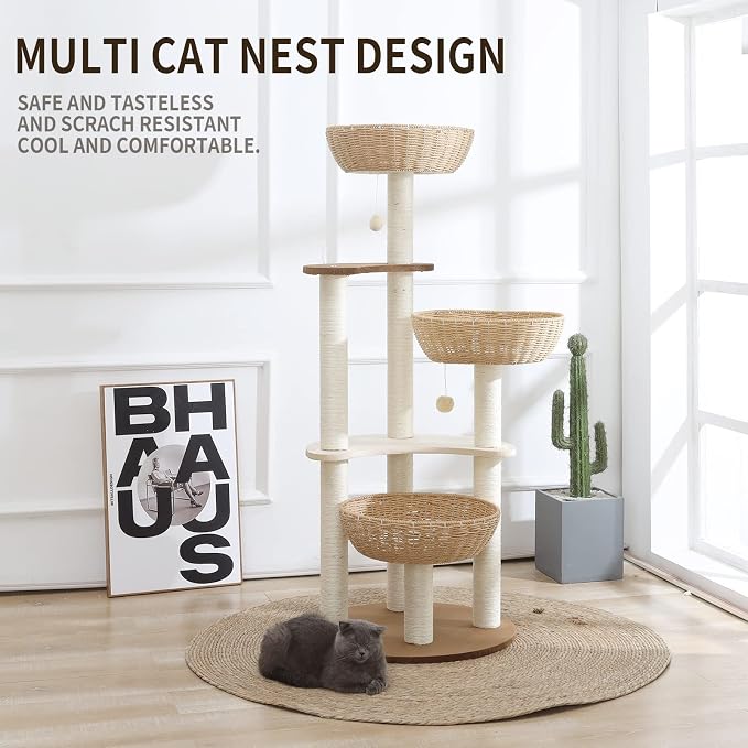 52" Modern Cat Tree Tower for Large Cats, 3Cat Nests Manual Hand Woven - Image 2