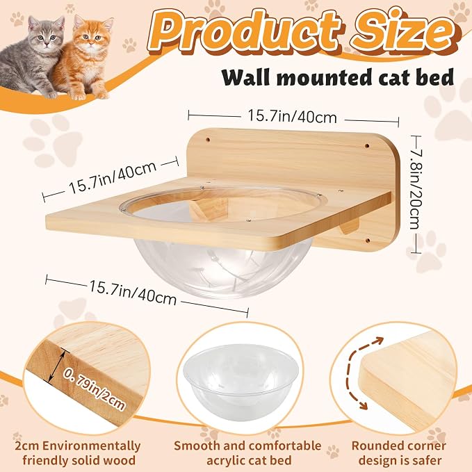 3 Pcs Cat Wall Shelves Set, Thicken Wooden Transparent Capsule Kitten Shelves - Image 2