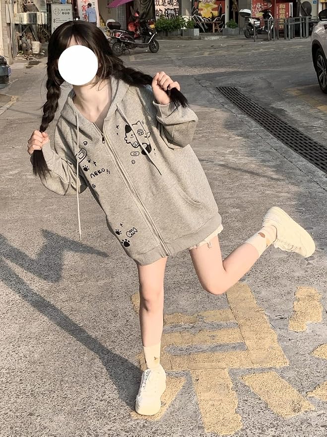 Womens Y2K Zip Up Cute Graphic Hoodies Cat Ears Casual Cartoon Harajuku Kawaii - Image 3