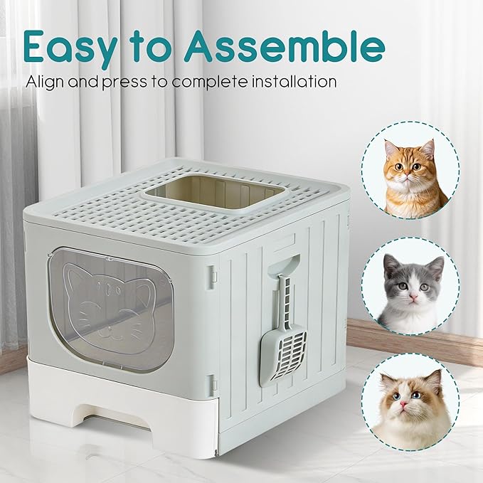 OLIXIS Cat Litter Box with Lid, Large Foldable Cat Box with Litter Scoop - Image 6