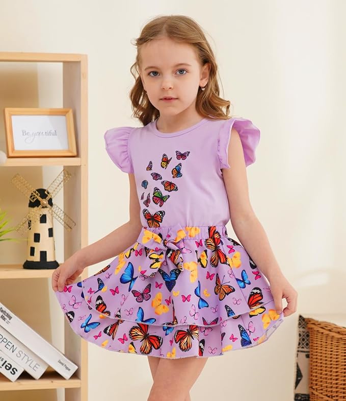 Girls Skirt Set 2 Piece Outfit Toddler Summer Clothes Ruffle Sleeve T-Shirt Bow - Image 2