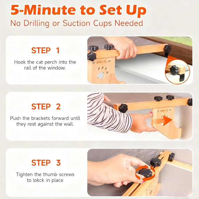 Cat Window Perch- Adjustable Sill Fit, Renter-Safe, Wood-Metal Frame Sturdy - Image 5