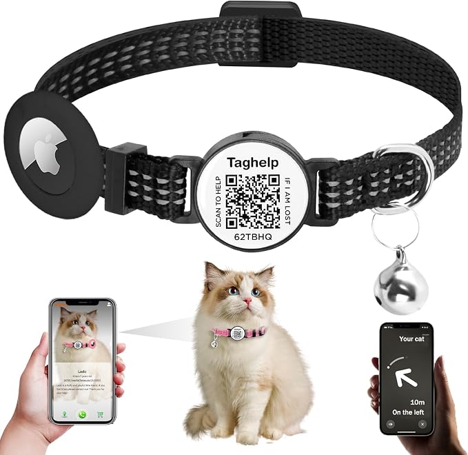 Airtag Cat Collar with Bell and Safety Buckle in 3/8" Width, Reflective Collar by Taghelp