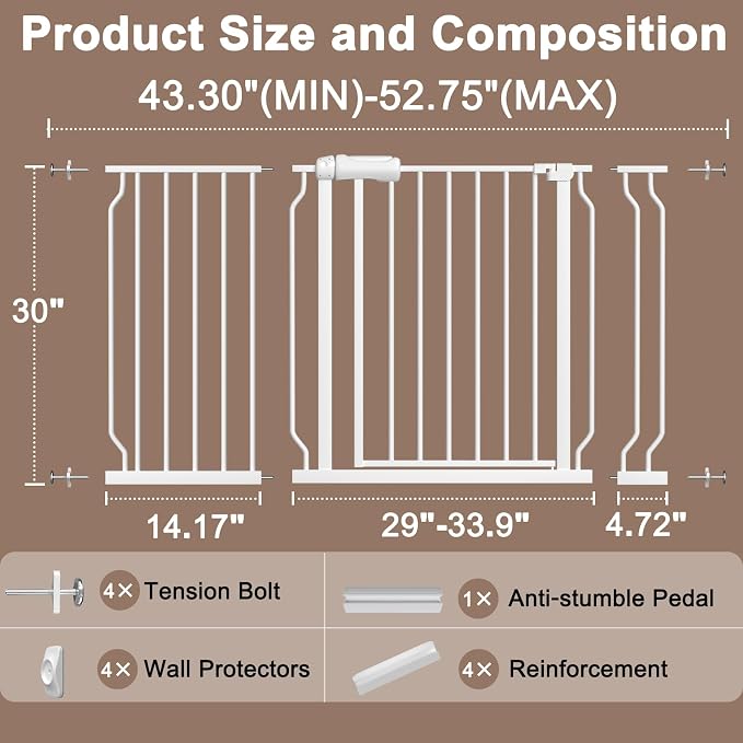 WAOWAO Baby Gate 43.3-52.75" Extra Wide Pressure Mounted Walk Through Swing - Image 2