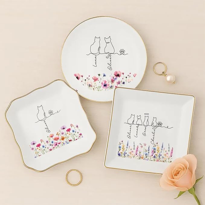 Personalized Pet With Name Jewelry Dish, Custom Cat Floral Ring Dish, Kitty - Image 6