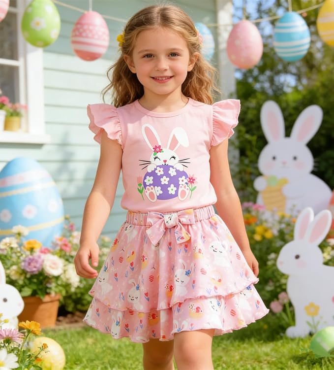Girls Skirt Set 2 Piece Outfit Toddler Summer Clothes Ruffle Sleeve T-Shirt Bow - Image 3