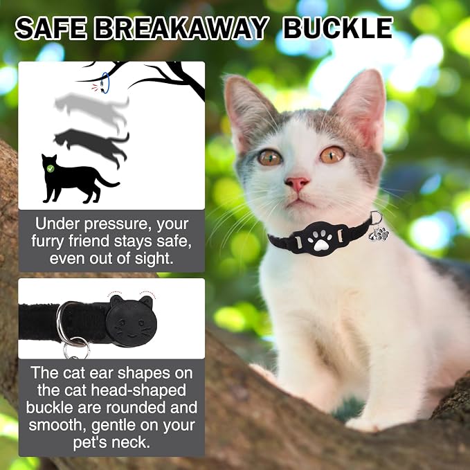 AirTag Cat Collar with Bells, Soft Velvet Cat Collar Breakaway with Airtag - Image 5