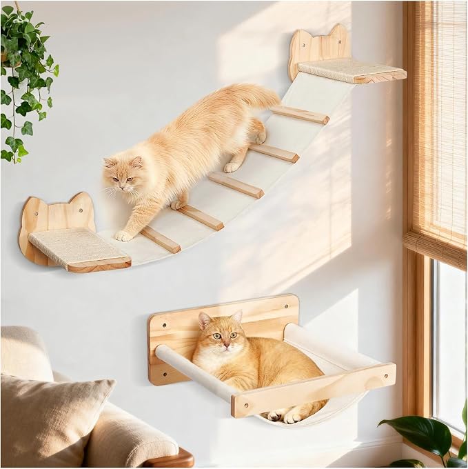 Cat Wall Shelves and Hammock Set, Cat Bridge Wall-Mounted by Petjoyi