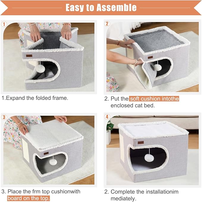 Cat Bed for Indoor Cats Cube House, Covered Cat Cave Beds & Furniture - Image 5