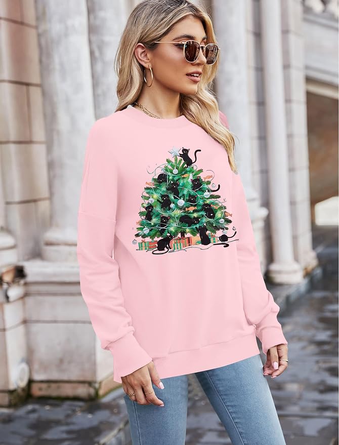 FRYAID Cat Sweatshirt Women Funny Black Cat Graphic Sweater Casual Cat Crewneck - Image 3