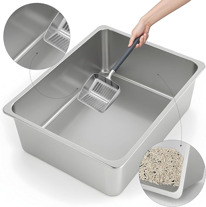 Kirecoo Stainless Steel Cat Litter Box XXL- Metal High Sided Cat Pan, Large - Image 3