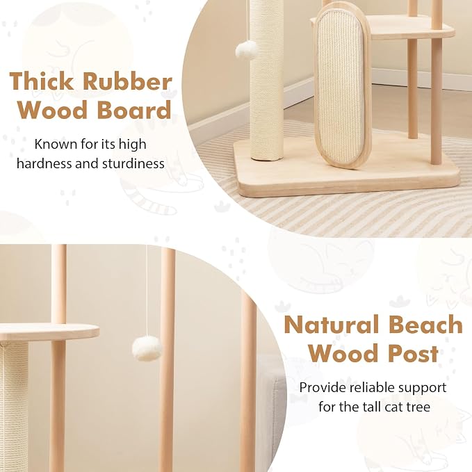 Tangkula Wood Cat Tree for Indoor Cats, Padded Perch, Hanging Toy, Minimalist - Image 9