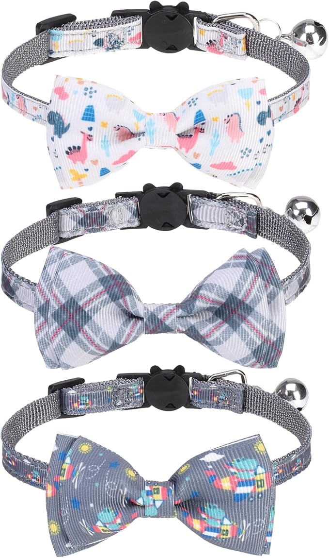 Breakaway Cat Collar with Removable Bow Tie and Bell, Cute Multi-Style Patterns by VKPETFR