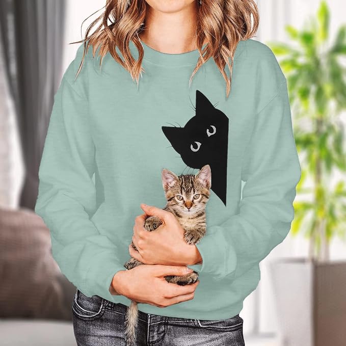 FRYAID Cat Sweatshirt Women Funny Black Cat Graphic Sweater Casual Cat Crewneck - Image 4