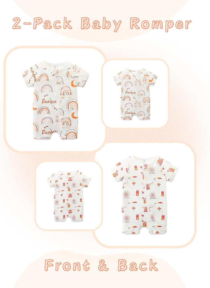 Unisex Summer Trendy 2-Pack Rompers Short Sleeve Zipped Bodysuit Infant Cotton - Image 2