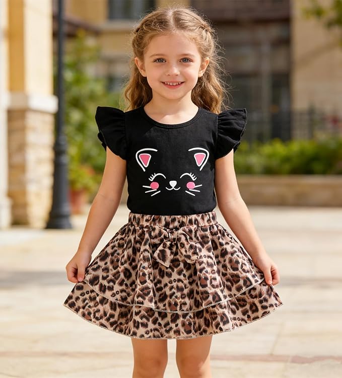 Girls Skirt Set 2 Piece Outfit Toddler Summer Clothes Ruffle Sleeve T-Shirt Bow - Image 3