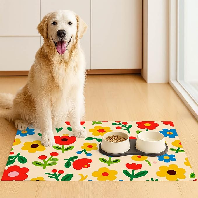 Pet Feeding Mat 24x16 inch Colorful Flower Print Pet Bowl Placemat Non Slip - Image 3
