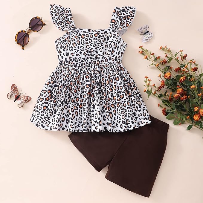 Toddler Baby Girls Summer Clothes Outfits Ruffled Sleeve Dinosaur Shirt Leopard - Image 2