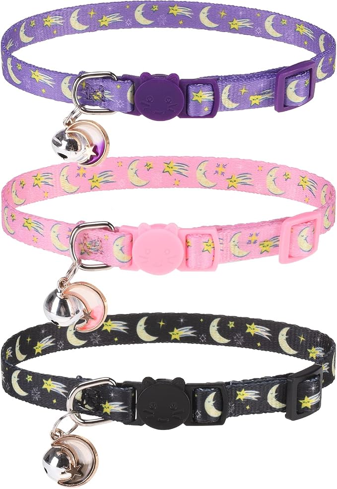 Breakaway Cat Collars with Bell & Cute Pendants, 3 Pack Safety Buckle Kitten by VKPETFR