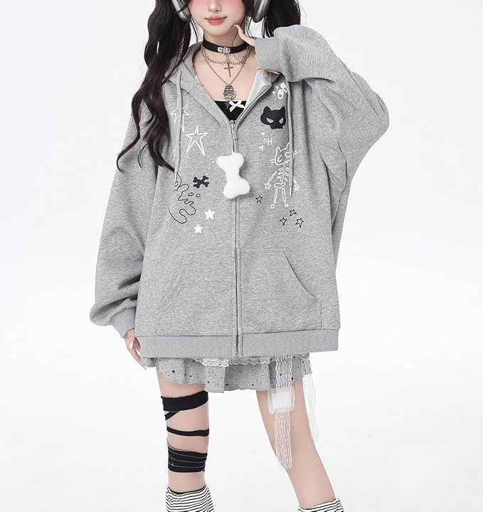 Womens Y2K Zip Up Cute Graphic Hoodies Cat Ears Casual Cartoon Harajuku Kawaii - Image 6