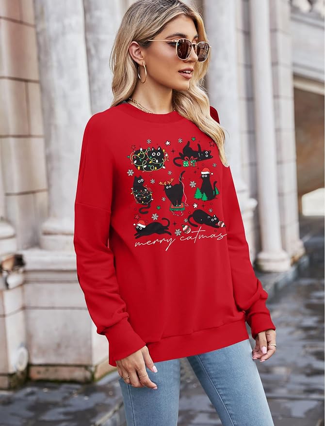 FRYAID Cat Sweatshirt Women Funny Black Cat Graphic Sweater Casual Cat Crewneck - Image 3