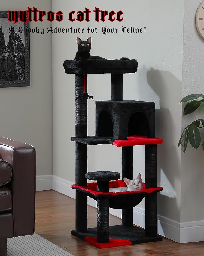 Gothic Cat Tree with Super Large Hammock, 45.7" Black Cat Tower with Coffin Bed - Image 2