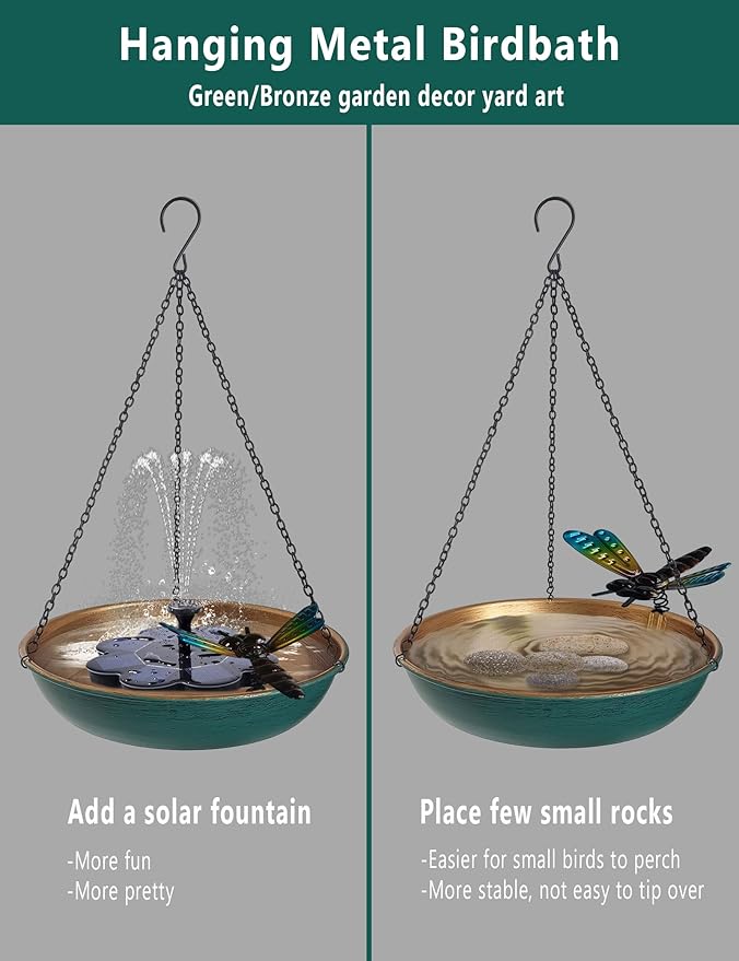 Hanging Birdbath Bird Feeder for Outdoor 11 Inch Green/Bronze Cute Metal Bird - Image 6