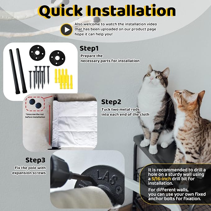 Cat Hammock Wall Mounted, 22.83 x 12.44 inch Wall Mounted Cat Shelves, Metal - Image 6