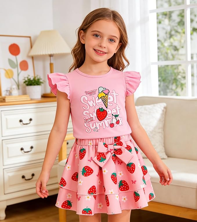 Girls Skirt Set 2 Piece Outfit Toddler Summer Clothes Ruffle Sleeve T-Shirt Bow - Image 2