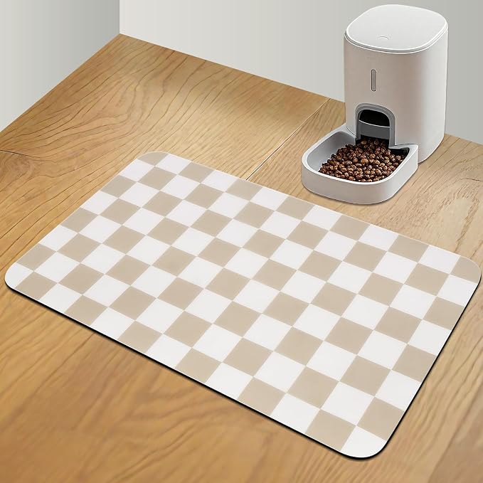 Checkered Dog Food Mat, Absorbent Leak-Proof Pet Feeding Mat, Quick Dry Cat by CooRug