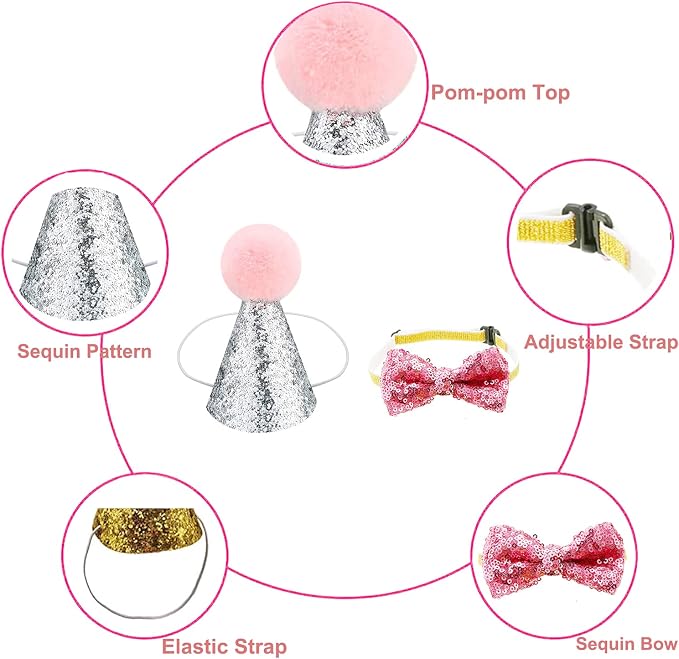 4 Pcs Cat Birthday Hat Bowtie Small Dog Hat Headband Topper Bowtie Adjustable - Image 3