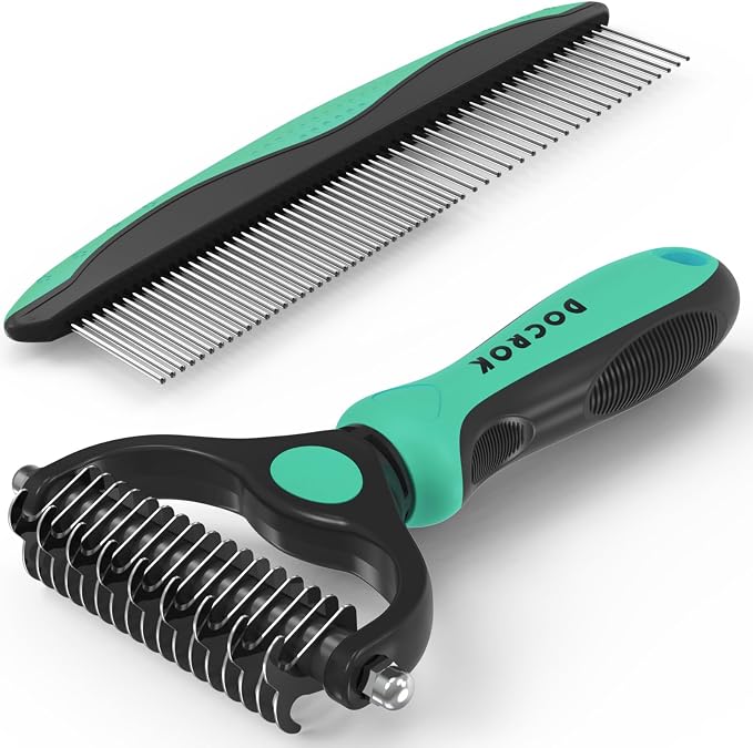 Pet Grooming Brush and Metal Comb Combo, Cat Brush Dog Brush by Docrok