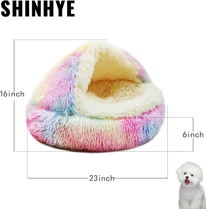 ShinHye Cat Bed Round Plush Fluffy Hooded Cat Bed Cave, Cozy - Image 2