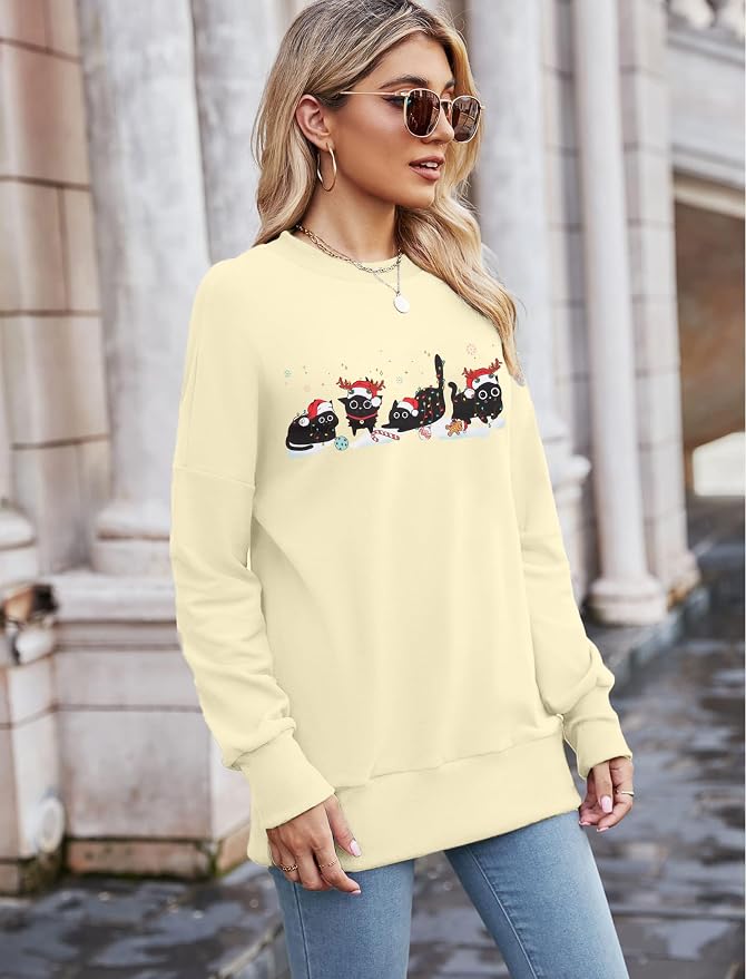FRYAID Cat Sweatshirt Women Funny Black Cat Graphic Sweater Casual Cat Crewneck - Image 4