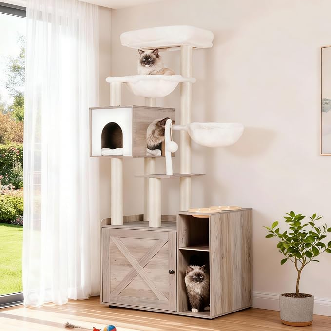 Hey-brother Cat Tree with Litter Box Enclosure, Modern Cat Tower by Hey-brother