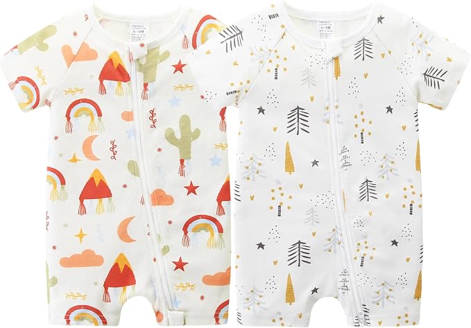 Unisex Summer Trendy 2-Pack Rompers Short Sleeve Zipped Bodysuit Infant Cotton by JingleBaBa