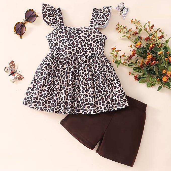 Toddler Baby Girls Summer Clothes Outfits Ruffled Sleeve Dinosaur Shirt Leopard - Image 3