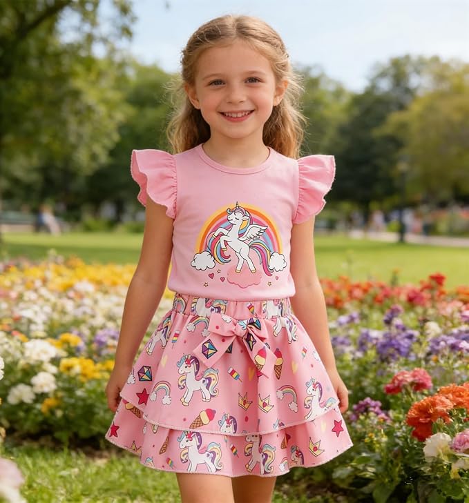 Girls Skirt Set 2 Piece Outfit Toddler Summer Clothes Ruffle Sleeve T-Shirt Bow - Image 2