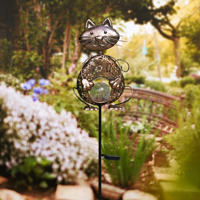 KAIXOXIN Garden Solar Lights Metal Cat Crackle Glass Globe Stake Light - Image 2