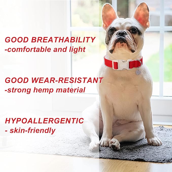 DOGWONG Cotton Hemp Dog Collar, Heavy-Duty Red Dog Collar Adjustable Soft - Image 4