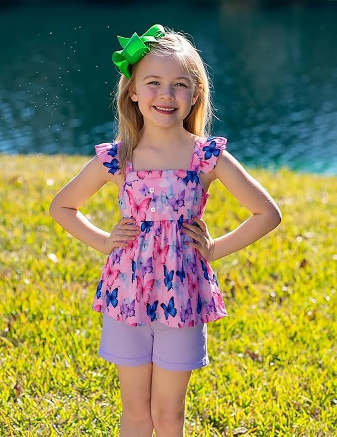 Toddler Baby Girls Summer Clothes Outfits Ruffled Sleeve Dinosaur Shirt Leopard - Image 2