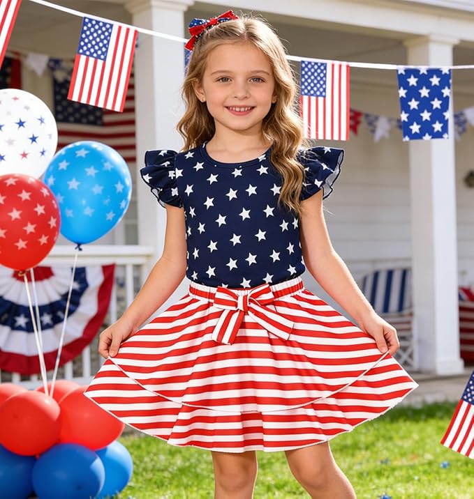 Girls Skirt Set 2 Piece Outfit Toddler Summer Clothes Ruffle Sleeve T-Shirt Bow - Image 2