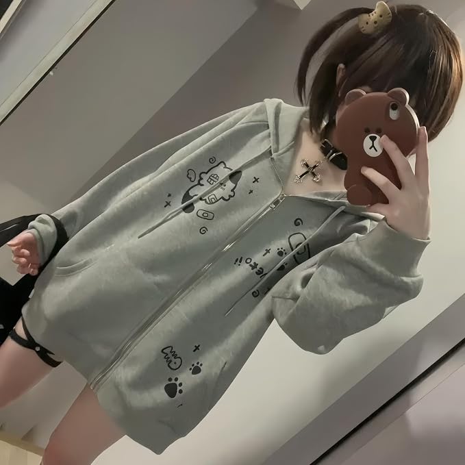 Womens Y2K Zip Up Cute Graphic Hoodies Cat Ears Casual Cartoon Harajuku Kawaii - Image 6