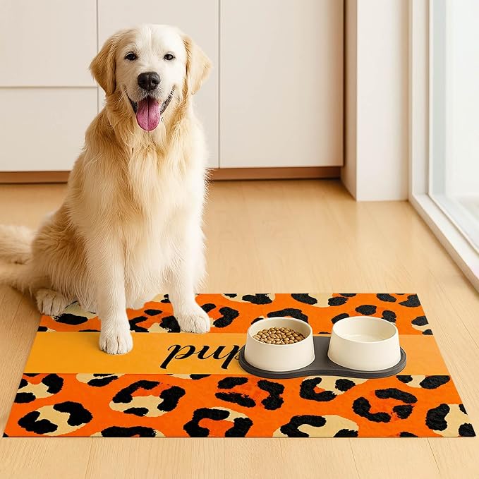 Puppy Feeding Mat 24x16 inch Orange Leopard Print Pet Bowl Placemat Non Slip - Image 3