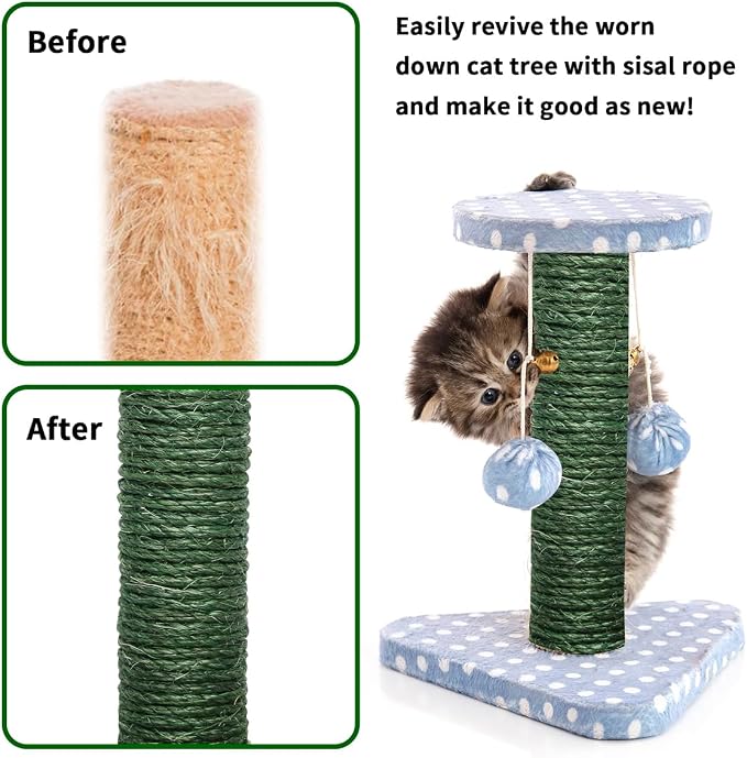 Green Sisal Rope, 1/4 Inch, for Cat Scratching Post, DIY Hemp Twine - Image 2
