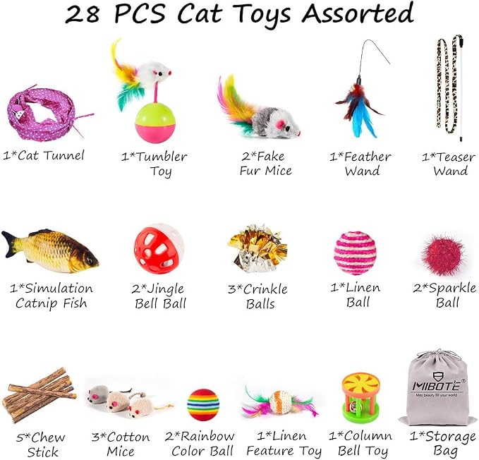 MIBOTE 28Pcs Cat Toys Kitten Toys Assorted, Cat Tunnel Catnip Fish Feather - Image 6