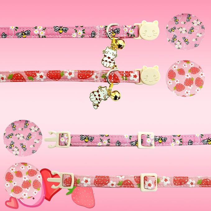 Elegant little tail 2 Pack Cat Collar-Pink Print Cotton Breakaway Cat Collars - Image 3